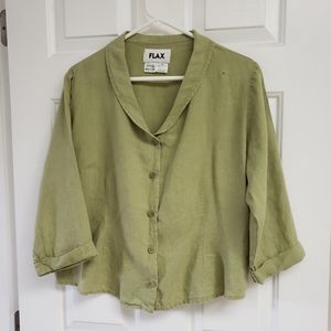 Flax medium green linen button-front blouse.